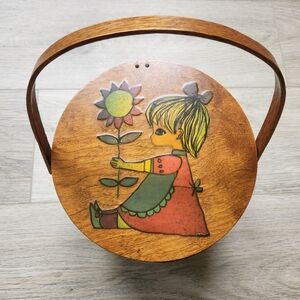 Vintage Sewing Basket With Handle Little Girl Sunflower Wood Retro Woven MCM